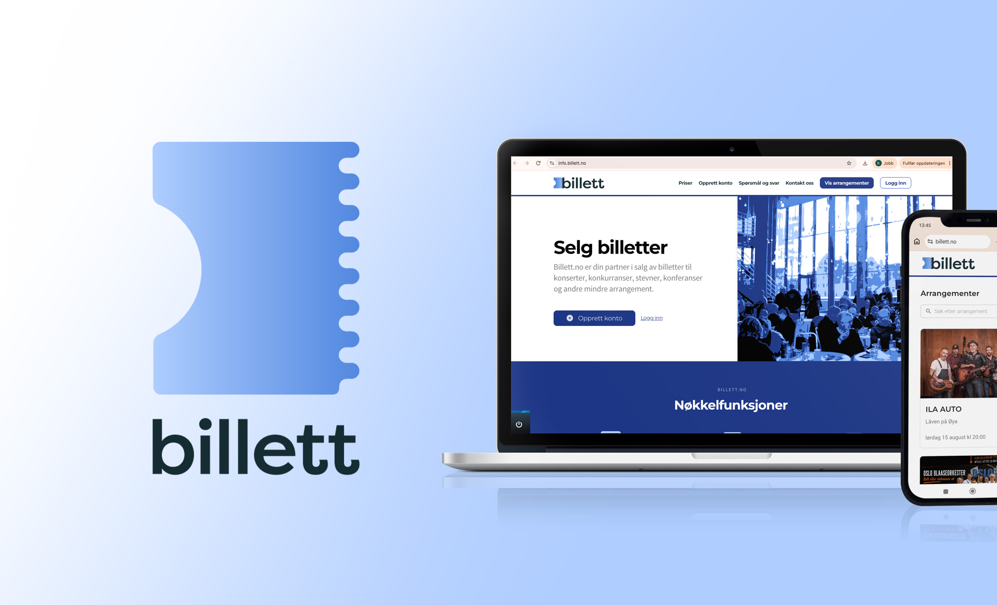 Bildegrafikk av Billett.no sin logo ved siden av PC og mobil som bruker løsningen