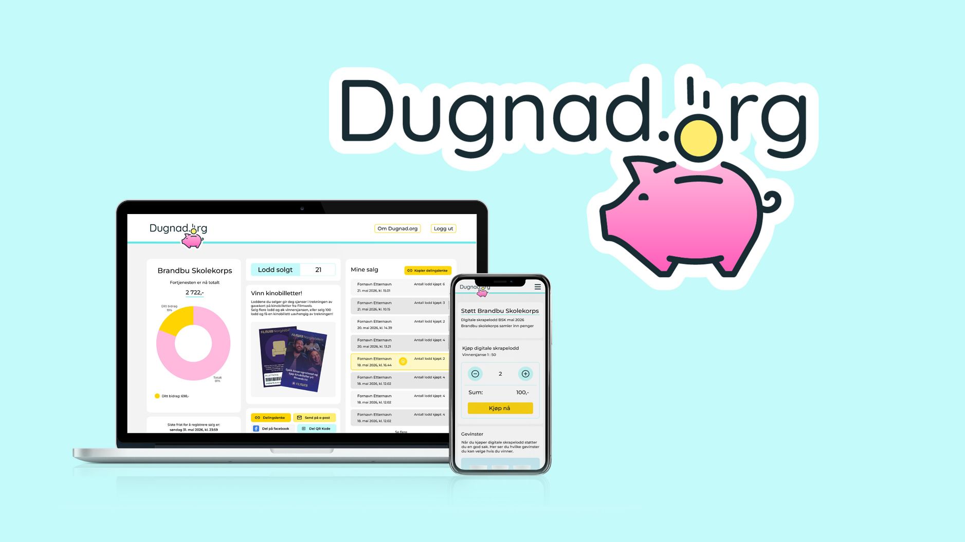 Bildegrafikk av PC og mobiltelefon som bruker Dugnad.org, ved siden av Dugnads logoikon