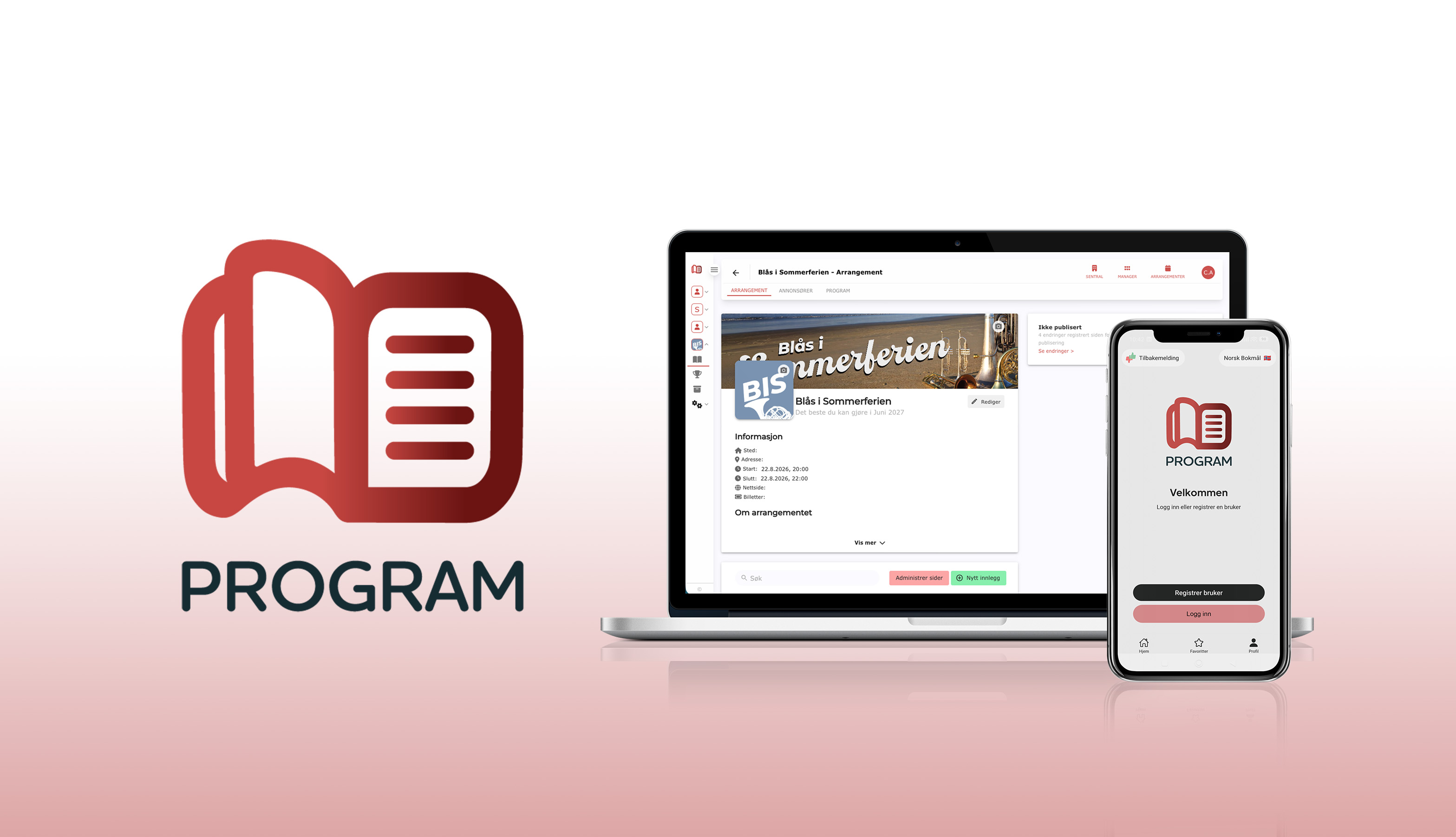Bildegrafikk av Program.no sin logo ved siden av PC og mobiltelefon som bruker tjenesten