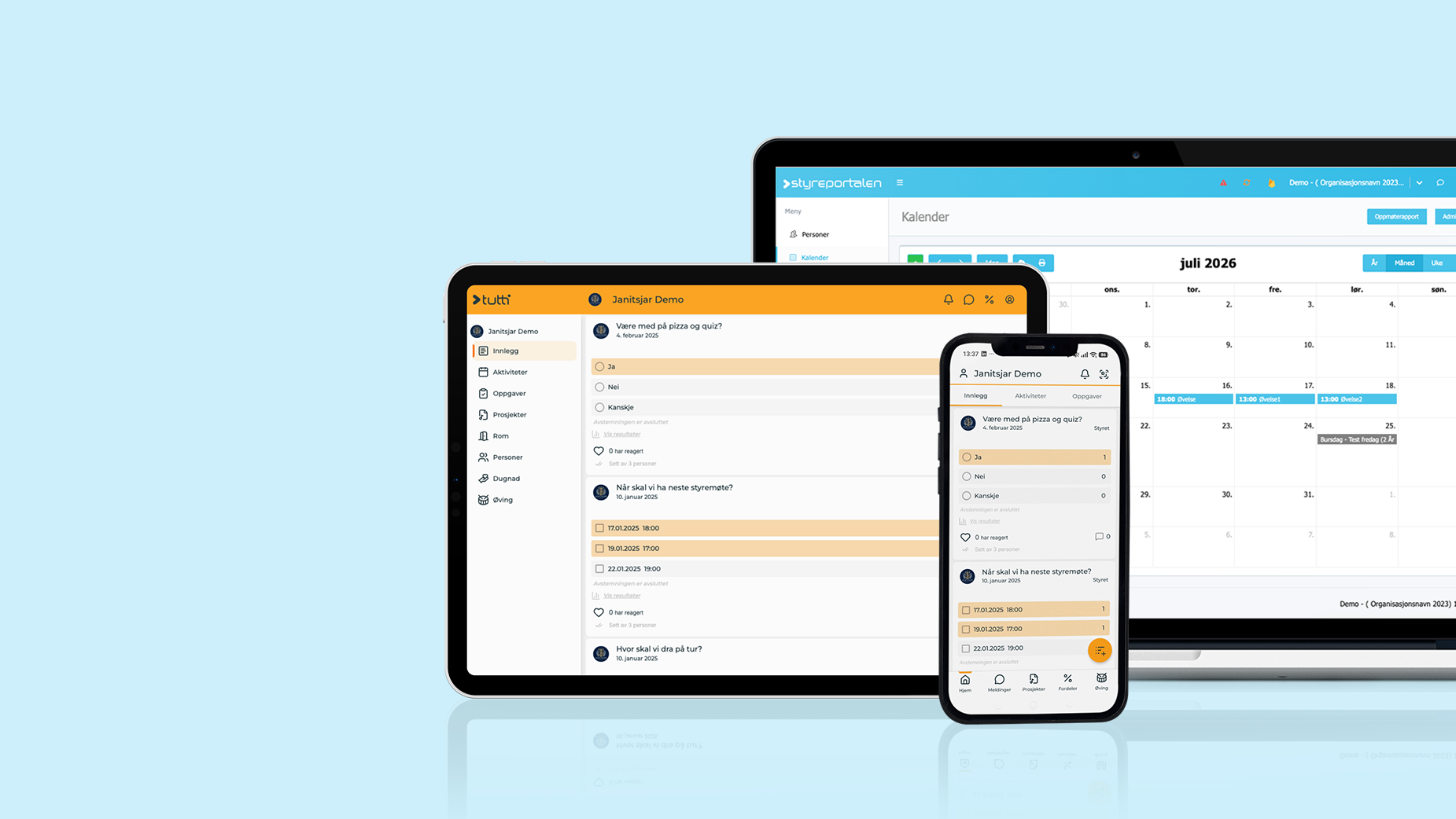 Medlemssystemet tutti Bildegrafikk av PC, nettbrett og mobiltelefon som viser medlemssystemet tutti, lyseblå bakgrunn